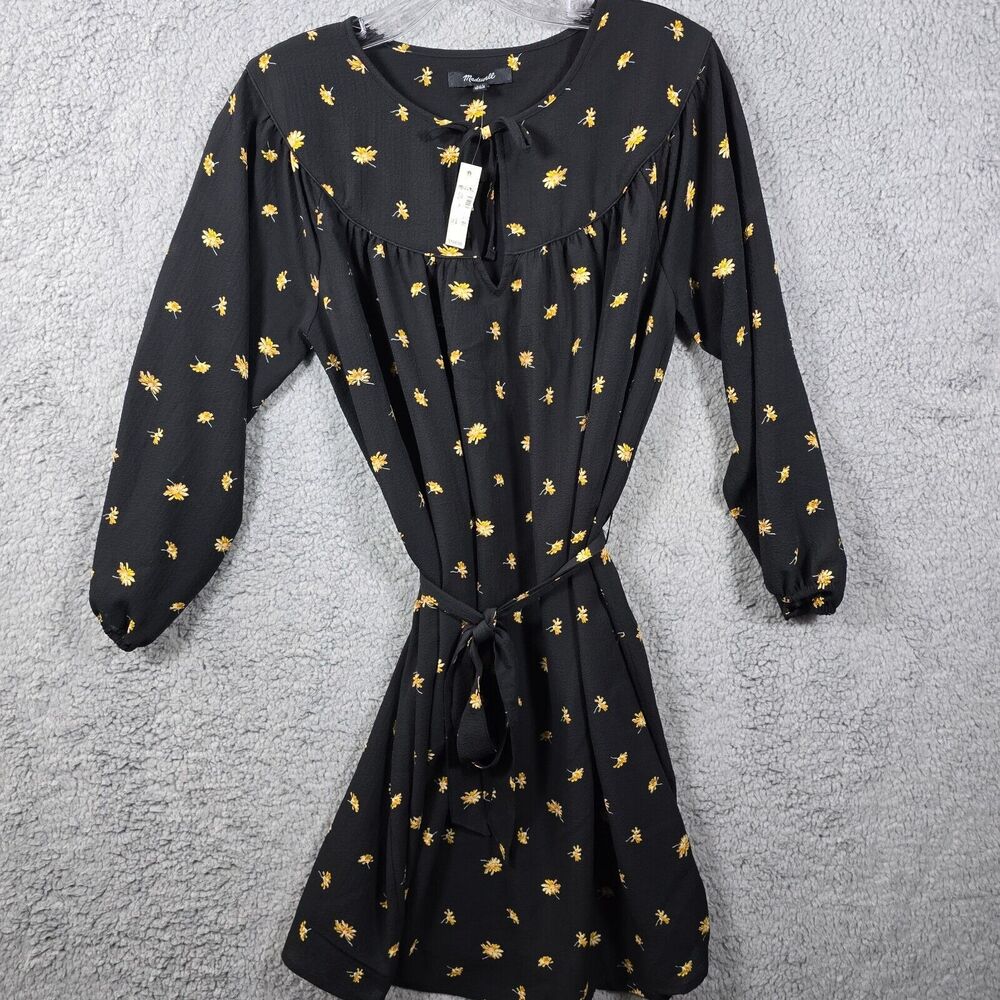 NWT Madewell Women's Black Tie-Waist Mini Dress in French Daisies Size XXS